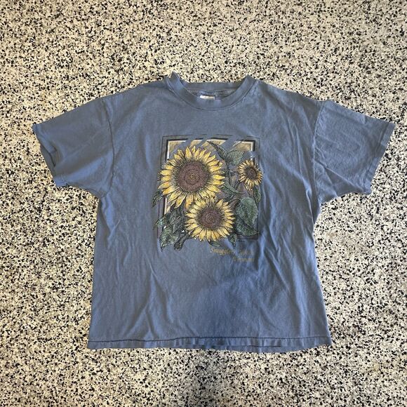 Vintage 90s Hanes Beefy Shirt Sunflower Smugglers Notch Vermont Made in USA Blue